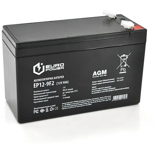 Акумуляторна батарея EUROPOWER AGM EP12-9F2 12 V 9Ah ( 150 x 65 x 95 (100) ) Black Q10