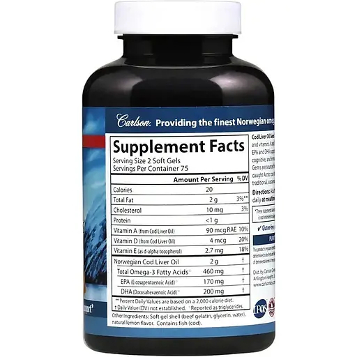 Жир з печінки тріски Carlson Cod Liver Oil Lemon смак лимона 150+30 желатинових капсул - фото 2