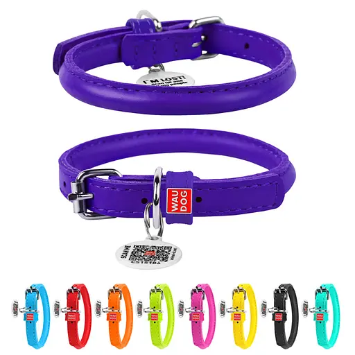 Нашийник для собак шкіряний Waudog Glamour з QR-паспортом круглий Д 8 мм Д 25-33 см фіолетовий - фото 2