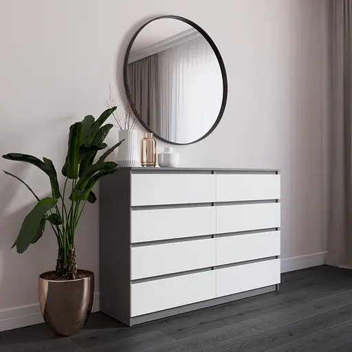 Комод Vays R-8 Антрацит-Белый фасад, 8 ящиков без ручек, ЛДСП, 140×40×98 см - для спальни, гостиной, прихожей