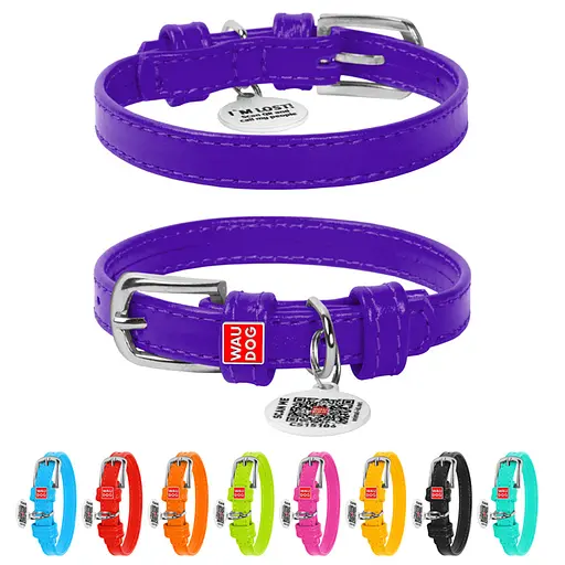 Нашийник для собак шкіряний Waudog Glamour з QR-паспортом без прикрас XS Ш 12 мм Д 21-29 см фіолетовий - фото 2