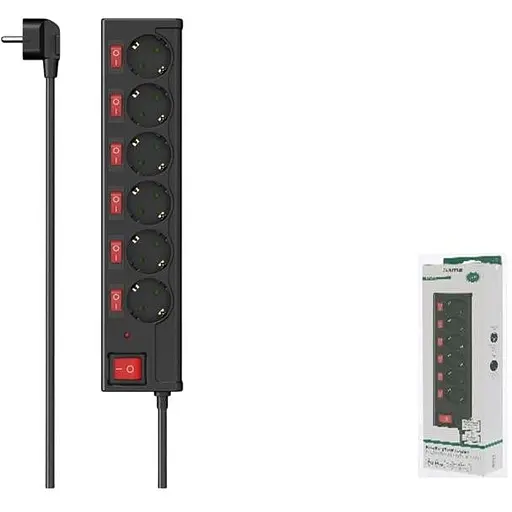 Подовжувач-фільтр HAMA мережевий 6хТип F 3х1.5 мм2, 16 А, 1.4 м чорний