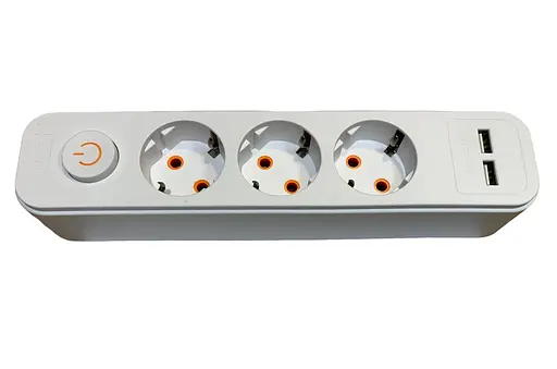 Колодка электрическая 3 гнезда с заземлением, кнопкой вкл + 2 USB (ABS-пластик) (конт.группа медь) MODERN LUMANO - фото 1