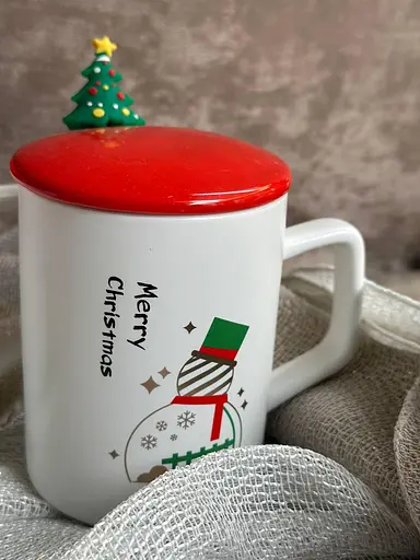 Кружка R33367-1 Новорічний калейдоскоп кераміка з кришкою і ложкою 360 мл Біла - фото 2