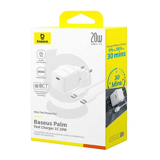 Мережевий зарядний пристрій Baseus Palm Fast Charger 1C 20W EU Moon білий (with Baseus Mini білий Cable USB-C to USB-C 60W - фото 2
