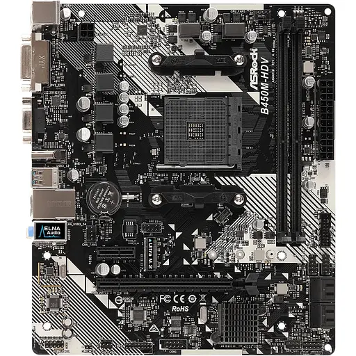 Материнская плата ASRock B450M-HDV R4.0 (AM4/B450, 2xDDR4, PCIex16, DVI-D/HDMI/VGA, 4xSATAIII, M.2, GLan, 8ch, mATX)