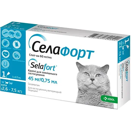 Уценка. Капли на холку KRKA Селафорт от внешних и внутренних паразитов для котов весом 2.6-7.5 кг №1