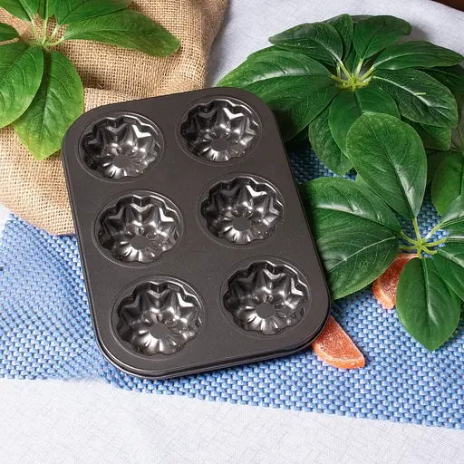 Форма для выпечки кексов и маффинов на 6 ячеек с антипригарным покрытием "Цветы №4" 26.5х18.5х2.8 см, A-plus Черный 85662 - фото 4