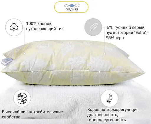 Подушка пухова MirSon Extra №2762 пружна пух 5% 50х50 см шампань (2200005193754) - фото 2