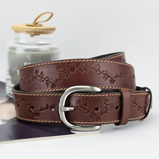 Ремінь шкіряний жіночий з квітами коричневий батал SF-3531 (145 см) - фото 1