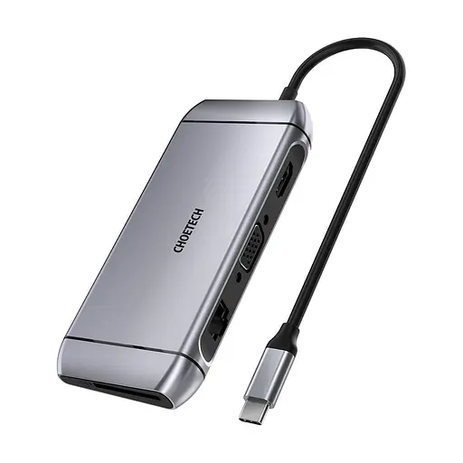 USB-хаб Choetech USB-C хаб 9-в-1 M15 HDMI 4K@30Hz, VGA, 3 USB 3.0, RJ45, USB-C PD, SD-card, TF-card (43-00153) - фото 1
