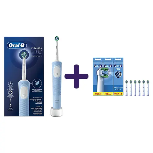 Набор: зубчатая зубная щетка Oral-B Vitality Protect X Clean D103 Blue + насадка для электрической зубной щетки Oral-B Pro Precision Clean 6 шт.