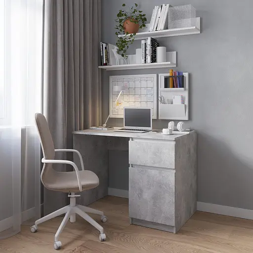 Комп’ютерний стіл Vays R-18 Бетон-Білі планки, письмовий з тумбою праворуч, без ручок, ЛДСП, 100×60×75 см - для дому та офісу