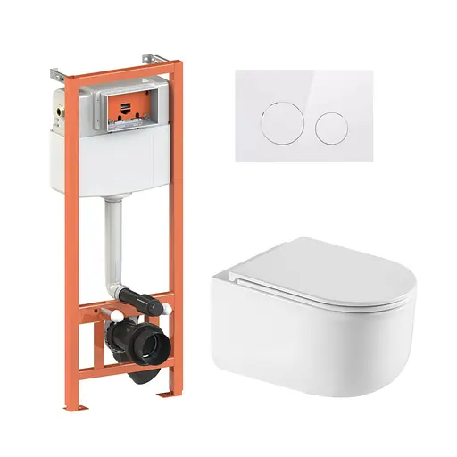 Подвесной унитаз Qtap Taurus Ultra Quiet + инсталляция Qtap Nest 4 в 1 (круглая клавиша White), Белый - фото 1