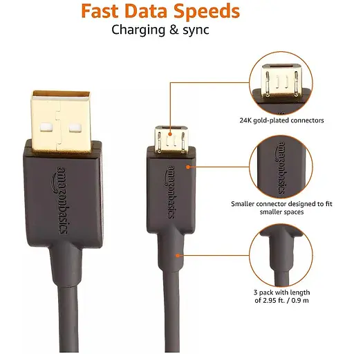 Кабель Amazon Basics USB 2.0 A Micro B 0.9 м черный 3 шт. - фото 4