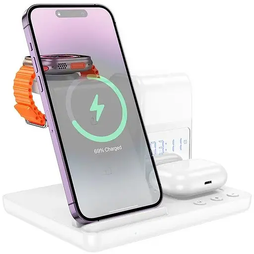 Зарядка Qi HOCO Crown 3-in-1 night light wireless fast charger with clock cq9 |15W| - фото 1