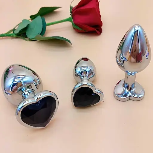 Набір анальних пробок металевих з кристалом 72x28 мм / 83x34 мм / 90x42 мм (S/M/L) сріблястий-чорний - фото 2