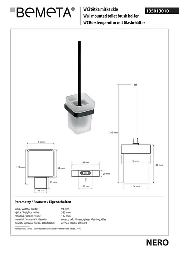 Туалетный ершик Bemeta Nero с настенным держателем стекло 135013010, Белый - фото 2