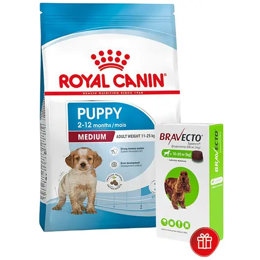Сухой корм Royal Canin Medium Puppy для щенков средних пород, с мясом птицы и кукурузой, 15 кг + Жевательная таблетка Bravecto от блох и клещей для собак с весом от 10 до 20 кг - фото 1