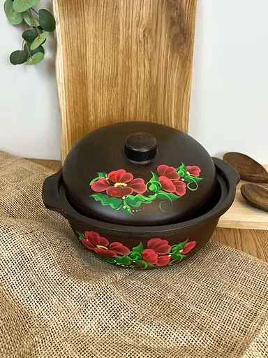 Котел с крышкой керамический (глиняный) резной Мак 3 л - фото 3