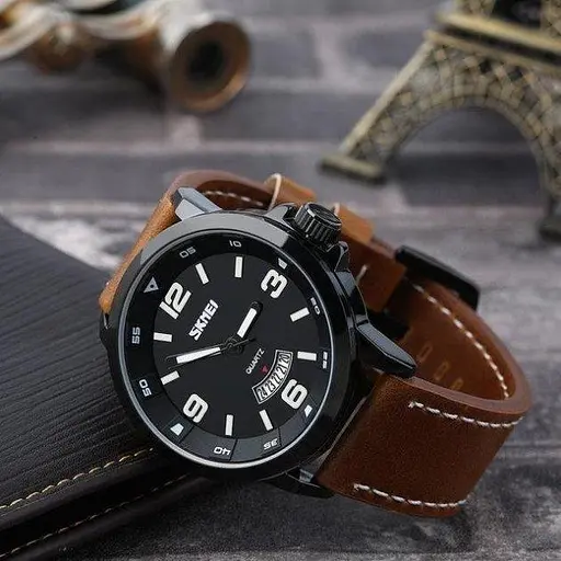 Чоловічий класичний наручний годинник Skmei 9115 Чорний з коричневим - фото 5