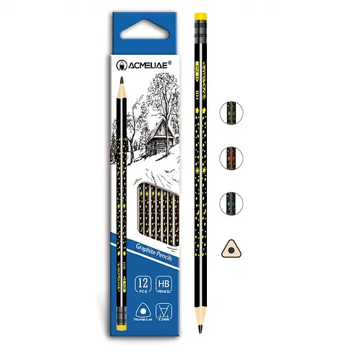 Карандаш графитовый Acmeliae Звезды, HB, треугольный корпус, с ластиком, 2.2 мм, 12 шт. (в ассортименте)