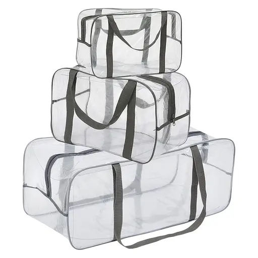 Набор прозрачных сумок в роддом: размер S 30х20х15 см + размер М 40х25х20 см + размер XL 60х25х30 см (серые) - фото 1