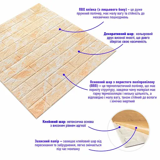 Декоративная 3D панель самоклейка 700х770х5мм Мрамор бежевый(кирпич) (062) SW-00000032 - фото 2