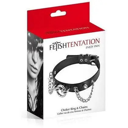 Нашийник ланцюжками, шипами і кільцем Fetish Tentation Choker Rings and Chains, екошкіра - фото 2