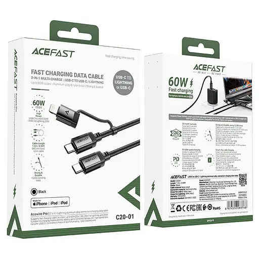 Кабель Acefast C20-01 USB-C to USB-C / Lightning aluminum alloy connectors charging data cable чорний - фото 2