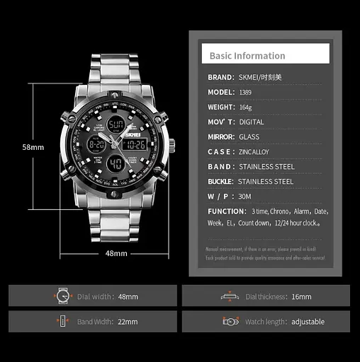 Класичний наручний годинник Skmei 1389 сріблястий з чорним - фото 3