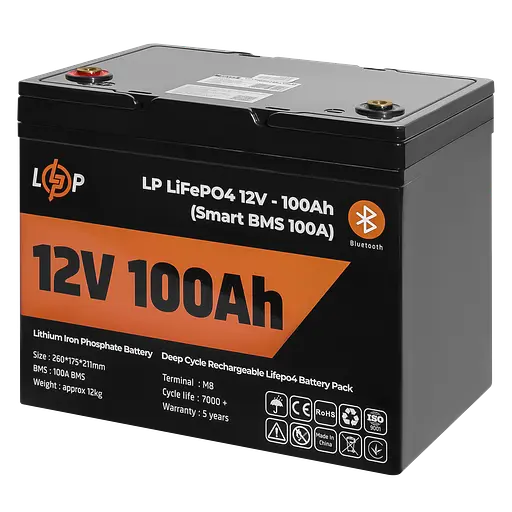Акумулятор LP LiFePO4 12V (12,8V) - 100 Ah (1280Wh) (Smart BMS 100А) з BT пластик для ДБЖ - фото 3