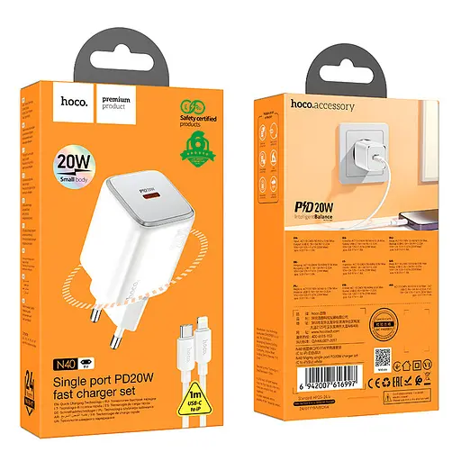 Адаптер сетевой Hoco Mighty single Port charger N40 (Type-C to Lightning set) |1Type-C, 20W/3A, PD/QC| - фото 2