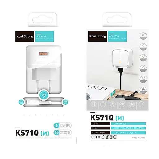 Адаптер сетевой KONI Strong Micro USB кабель KS71Q (M) комплект с кабелем микро - фото 1
