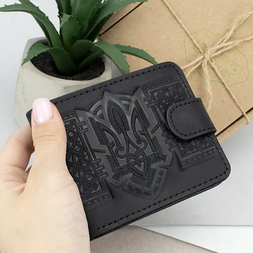 Кожаный кошелек мужской Handycover HC0041 черный с гербом Украины - фото 8