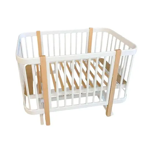 Детская кроватка Мия с опускной боковиной, шарнир-подшипник бук белый с натуральными стойками