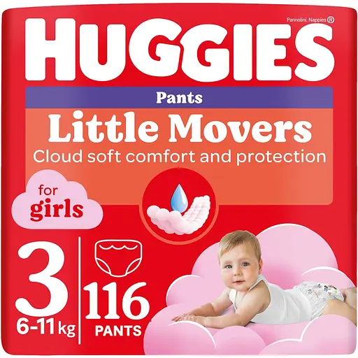 Уценка. Набор подгузники-трусики для девочек Huggies Pants Little Movers 3 (6-11 кг) 116 шт.