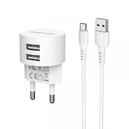 Адаптер зарядный набор с кабелем USB-C - Borofone BA23A 2 USB 2.4A - фото 2