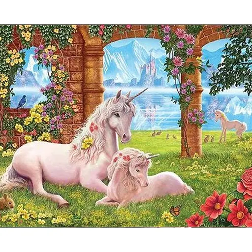 Картина Алмазна мозаїка зі стразами на підрамнику На казковій галявині 40*50 см, з принт. рамою єдинороги - фото 1