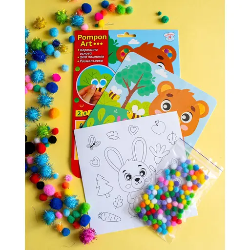 Набор для творчества Медведь Pompon Art Ранок 10100692, 100 помпонов и раскраска - фото 5