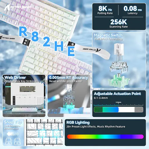 Игровая проводная магнитная клавиатура Attack Shark R82 / Проводное подключение / Magnetic Switch / White - фото 6