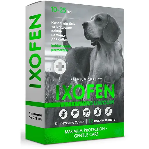 Краплі проти іксодових кліщів, бліх та комарів Unicum Ixofen для собак 10-25 кг 3 піп. х 2.5 мл - фото 1
