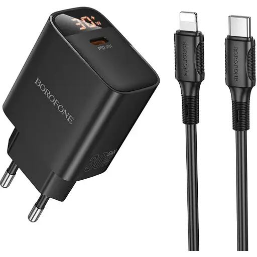 Мережевий зарядний пристрійBorofone BA97A Ilustre single-port PD30W charger with digital display set (C to iP) - фото 1