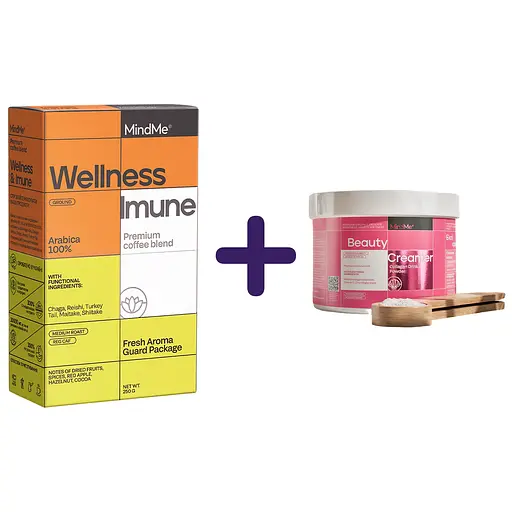 Набор: кофе MindMe Wellness & Imune функциональный молотый 250 г + коллагеновые сливки с кокосовым молоком MindMe Beauty Creamer 210 г