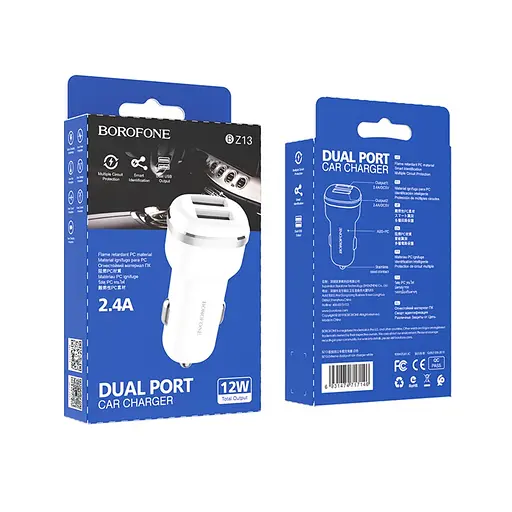 Автомобильное зарядное устройство для Borofone BZ13 2 USB белый. - фото 2
