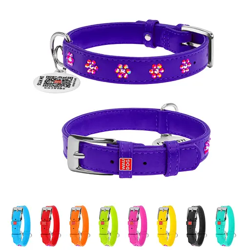 Ошейник для собак кожаный Waudog Glamour с QR-паспортом с клеевыми стразами "Цветы" Ш 15 мм Д 27-36 см фиолетовый - фото 2