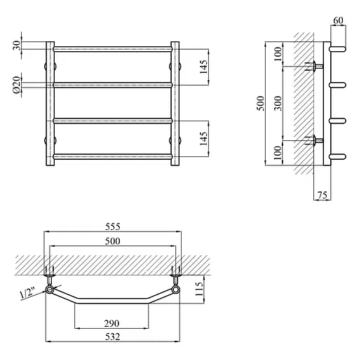 Полотенцесушитель водяной Kroner KRP Diva WT500x500-4 (CV036302) - фото 5