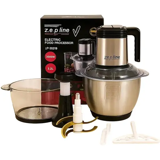 Подрібнювач кухонний Zepline ZP-00219 комплект з 2 чашами скло та металева 3.2 л чоппер 3000 Вт