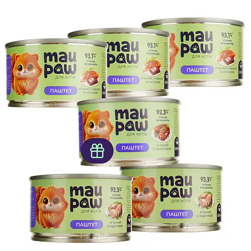 Набор влажного корма для взрослых кошек MAU PAW 600 г (5 шт. + 1 шт. подарок х 100 г)