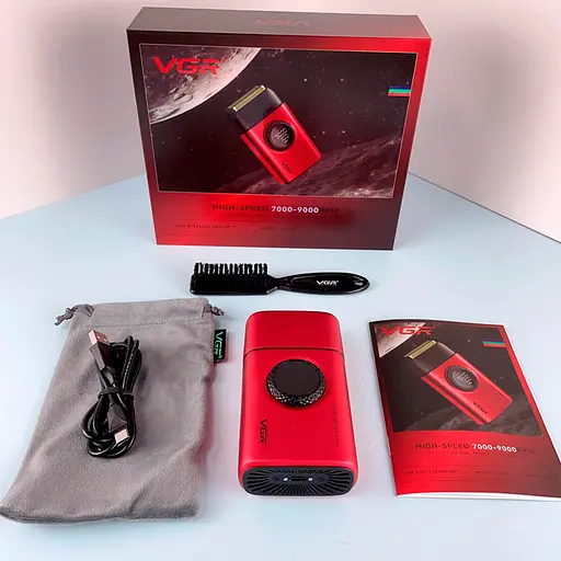 Електробритва акумуляторна шейвер VGR V-378 9000RPM LCD + дорожня сумочка (Червоний) - фото 9